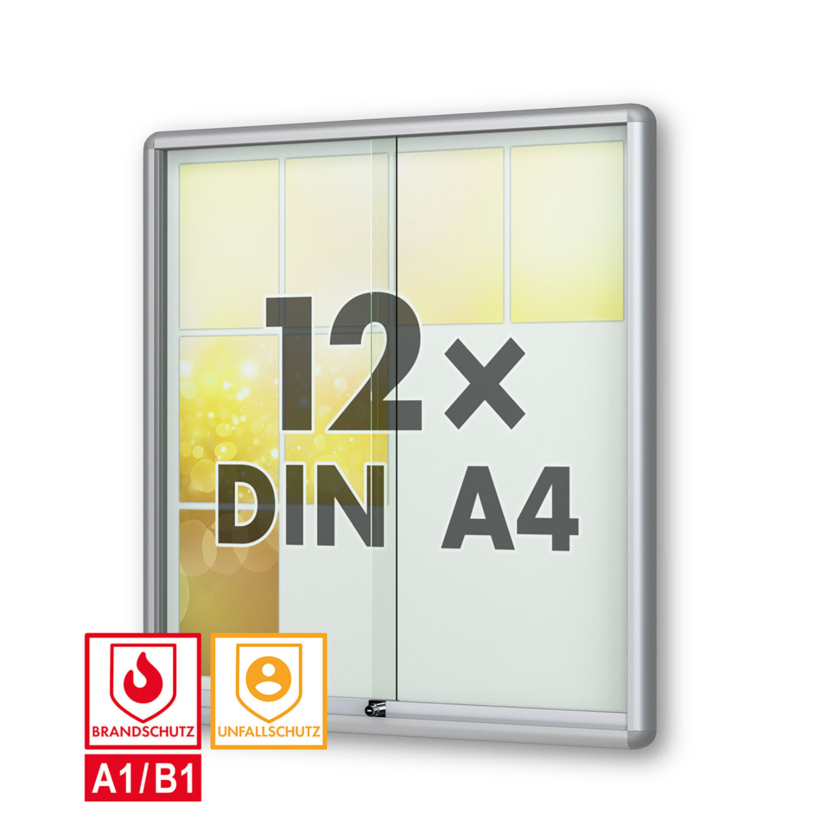 12 x DIN A4 Schaukasten Moveo - "die Schulvitrine" - 50 mm Bautiefe - mit Brandschutzklasse A1 - Rollengelagerte Schiebetüren✓ abschließbar✓ ESG-Sicherheitsglas✓