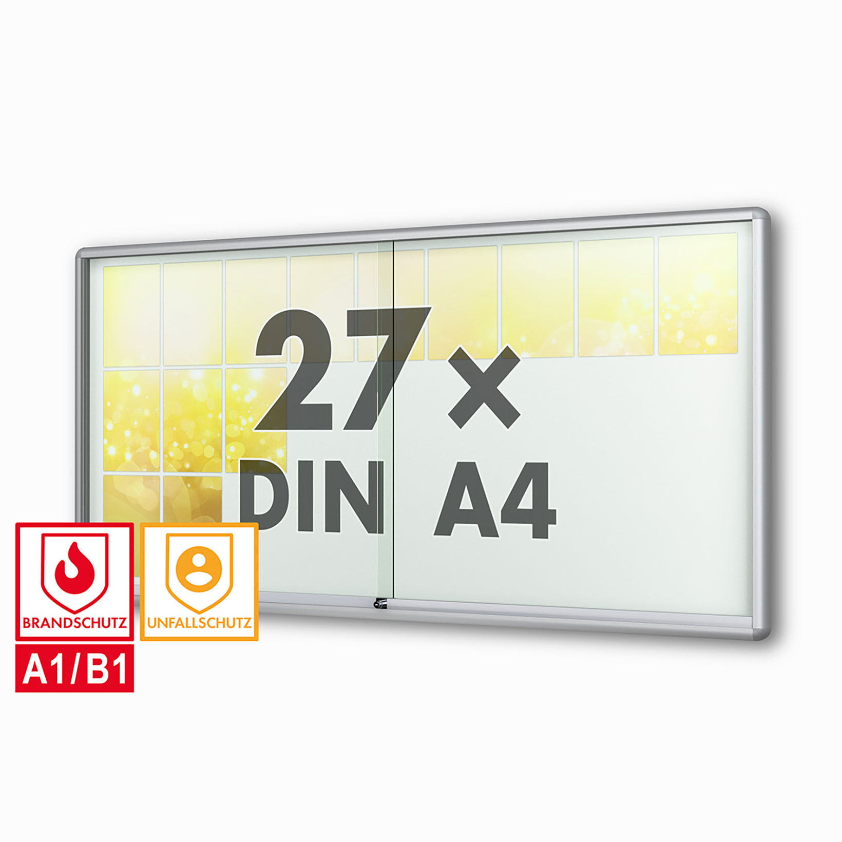 27 x DIN A4 Schaukasten Moveo - "die Schulvitrine" - 50 mm Bautiefe - mit Brandschutzklasse A1 - Rollengelagerte Schiebetüren✓ abschließbar✓ ESG-Sicherheitsglas✓
