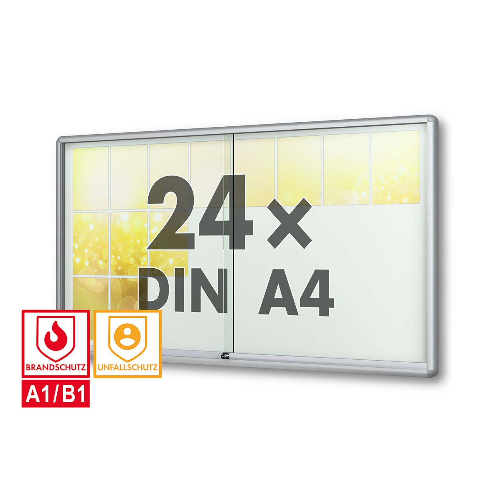 24 x DIN A4 Schaukasten Moveo - "die Schulvitrine" - 50 mm Bautiefe - mit Brandschutzklasse A1 - Rollengelagerte Schiebetüren✓ abschließbar✓ ESG-Sicherheitsglas✓