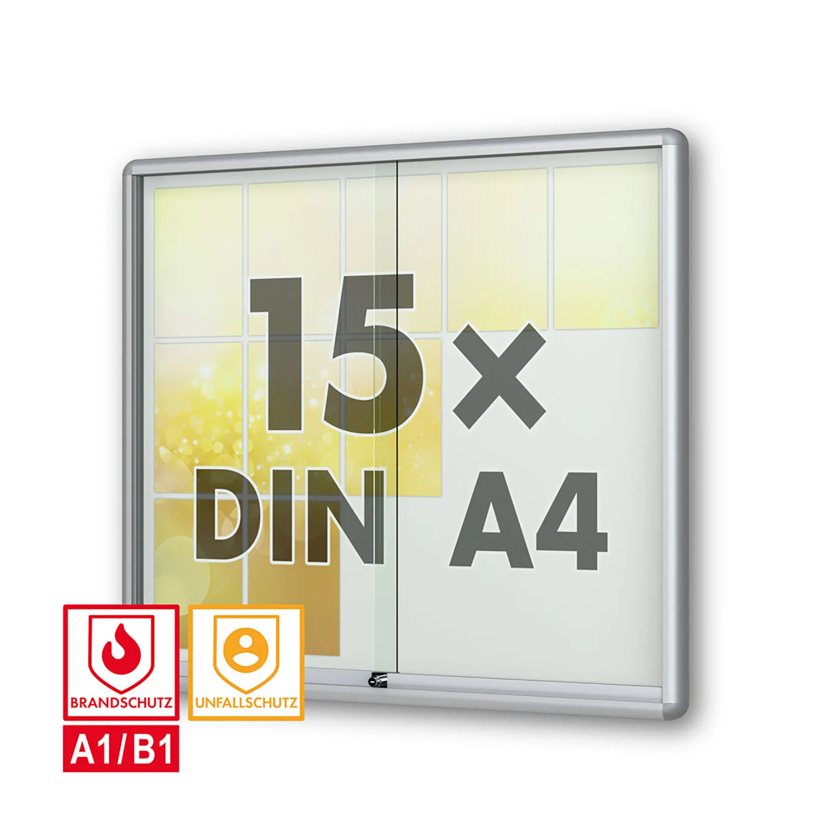 15 x DIN A4 Schaukasten Moveo - "die Schulvitrine" - 50 mm Bautiefe - mit Brandschutzklasse A1 - Rollengelagerte Schiebetüren✓ abschließbar✓ ESG-Sicherheitsglas✓