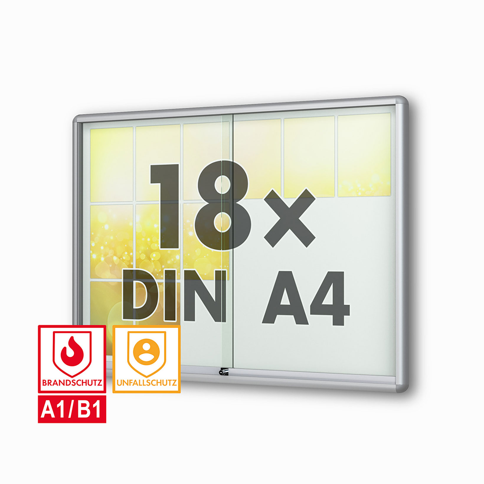18 x DIN A4 Schaukasten Moveo - "die Schulvitrine" - 50 mm Bautiefe - mit Brandschutzklasse A1 - Rollengelagerte Schiebetüren✓ abschließbar✓ ESG-Sicherheitsglas✓
