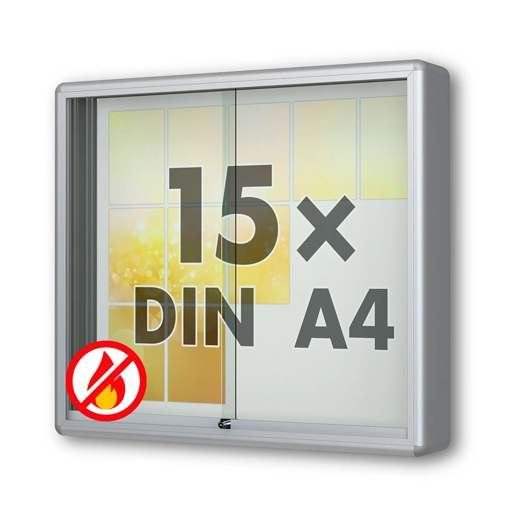 15 x DIN A4 Schaukasten Moveo - "die Schulvitrine" - 210 mm Bautiefe - mit Brandschutzklasse A1 - Rollengelagerte Schiebetüren✓ abschließbar✓ ESG-Sicherheitsglas✓